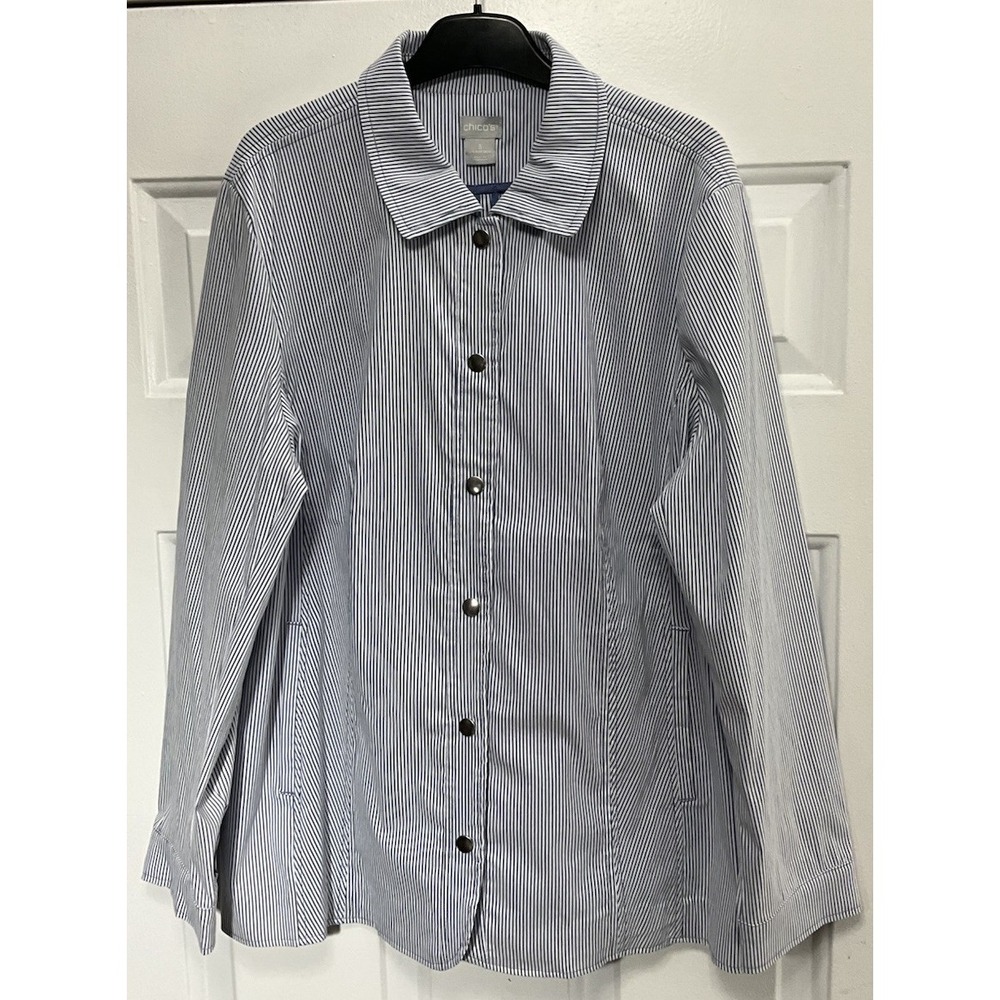 Chico's Blue/White Striped Soft Stretchy Snap Front Blazer Size 3 (US 16 /18)